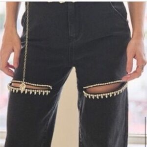 Black crystal rhinestones studded front cutout Taylor swift style jeans size 3/4